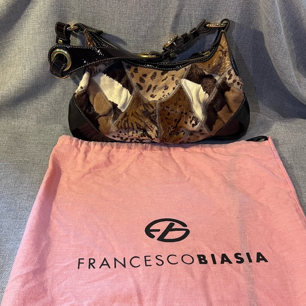 Francesco Biasia Olga Heaven One Cuoio Animal Print Fur Leather Patent Bag